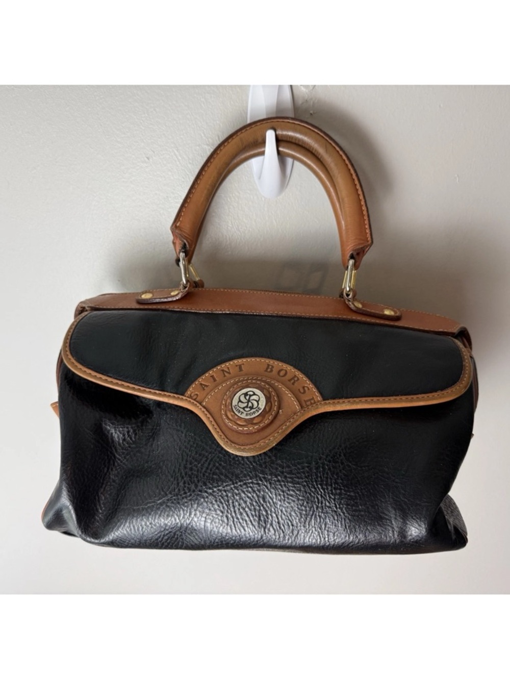 Saint Borse Vintage Satchel Purse Bag Pebbled Faux Leather Black Brown Lined - Picture 2 of 10